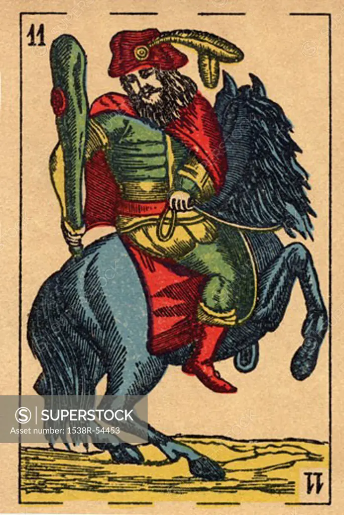 Vintage playing card showing a man holding a club and riding a horse