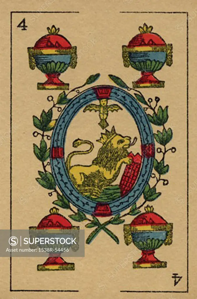 Vintage playing card showing four urns and a small lion
