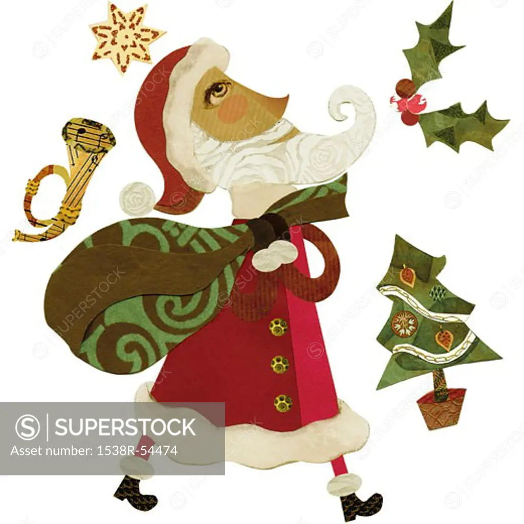 Santa Claus with a sack surrounded by a trumpet, holly, a Christmas tree and a star