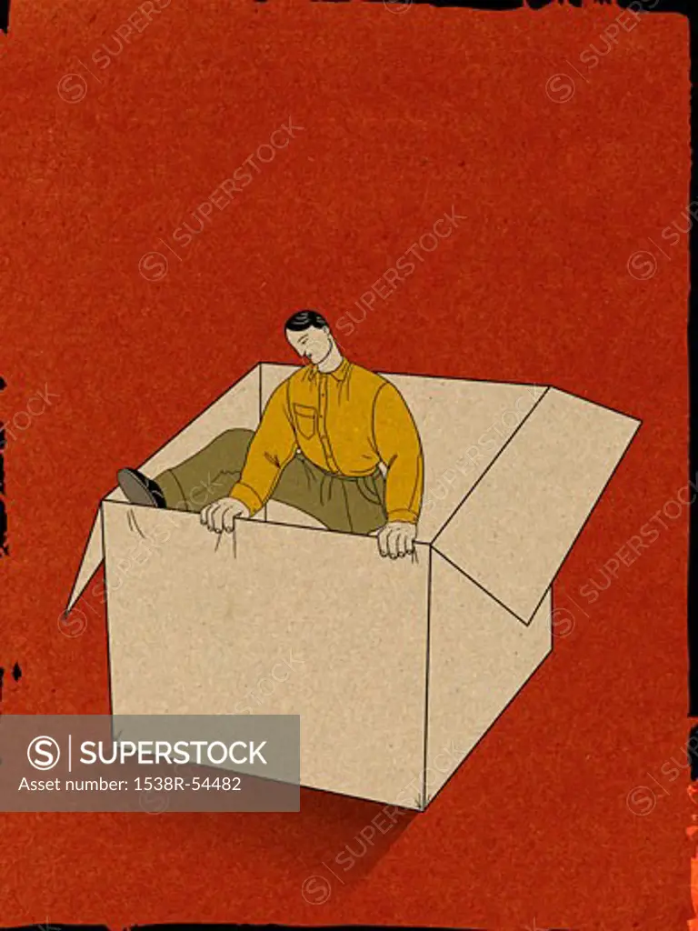 Illustration of a businessman climbing out of a box