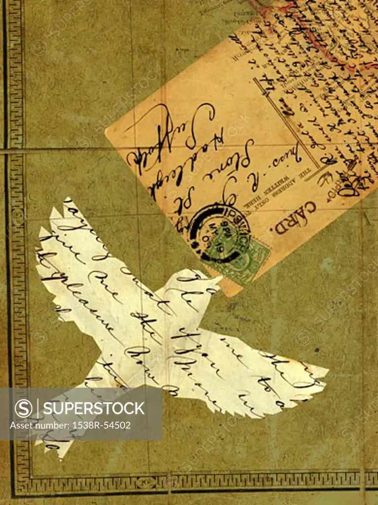 Collage with a flying bird, vintage letters, postcard and stamps