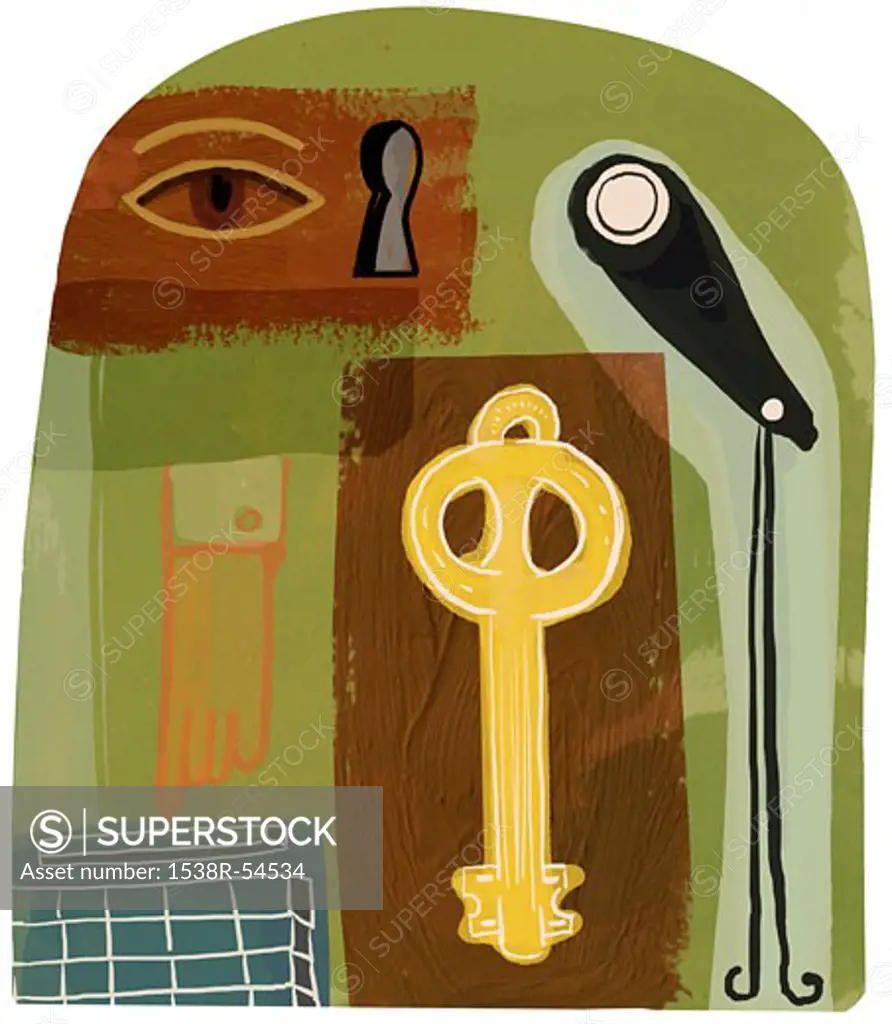 Montage of a key, a telescope, an eye, a keyhole, and a hand entering a password on keyboard