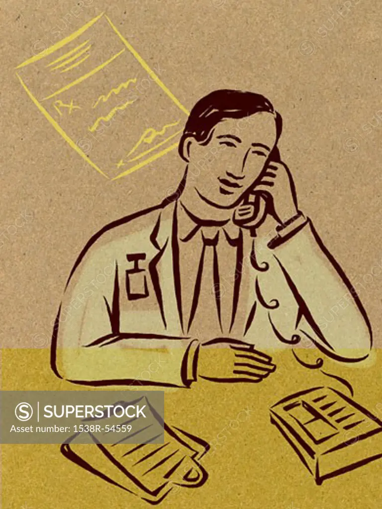 Illustration of a pharmacist on the phone, a prescription, and a clipboard
