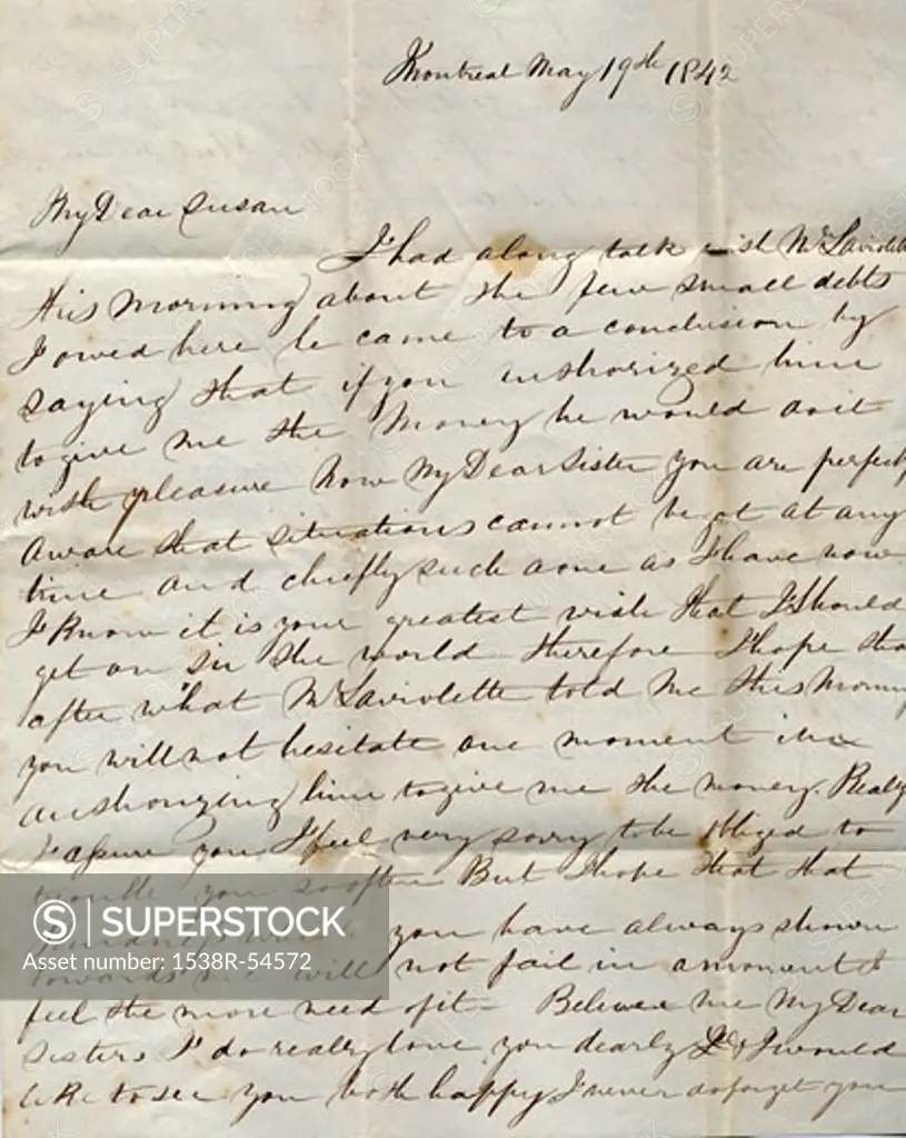 An old handwritten letter from Montreal in 1842