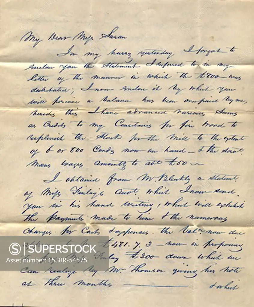 A vintage letter handwritten in ink from the mid-19th century