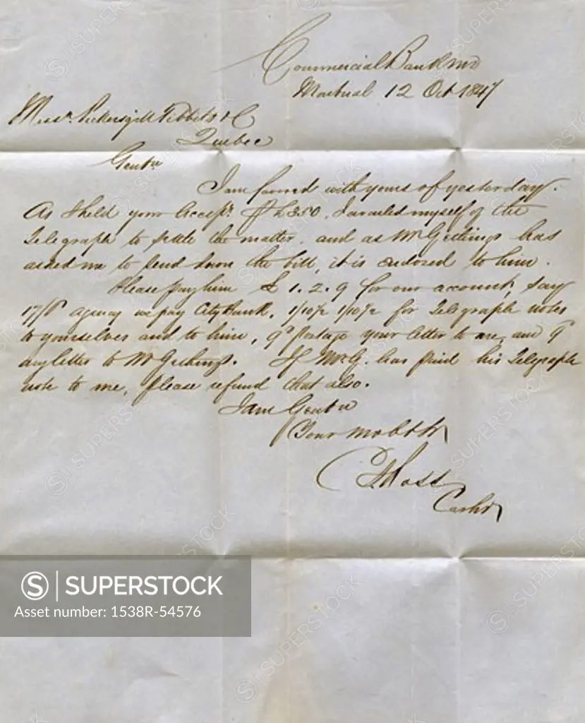 A vintage letter handwritten in ink from Montreal in 1847