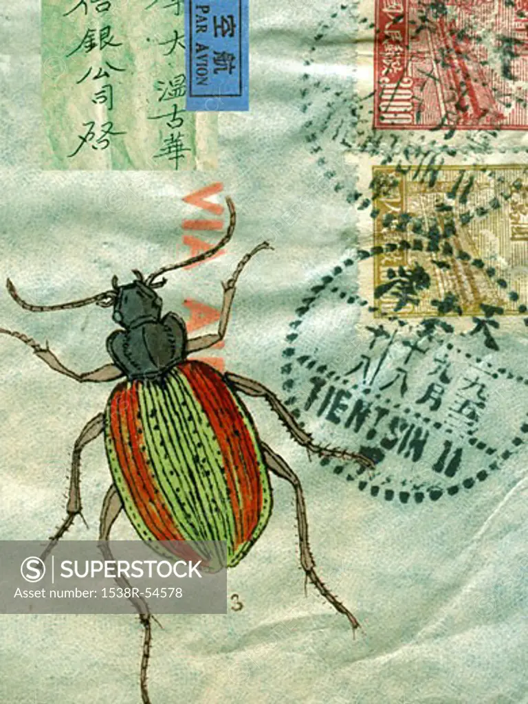 An old envelope with stamps, Chinese characters, and a beetle