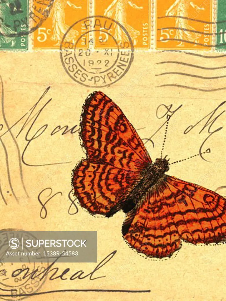 An old envelope with stamps from France, handwriting, and a butterfly