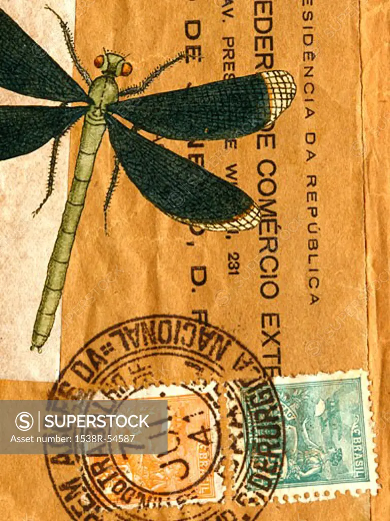 An old envelope with stamps from Brazil and a green dragonfly
