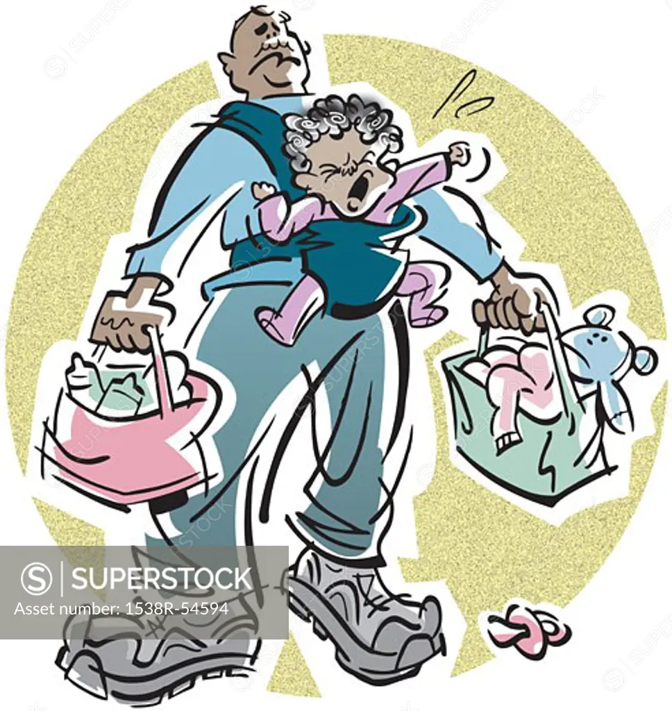 A father carrying two bags and a crying baby that has lost her soother