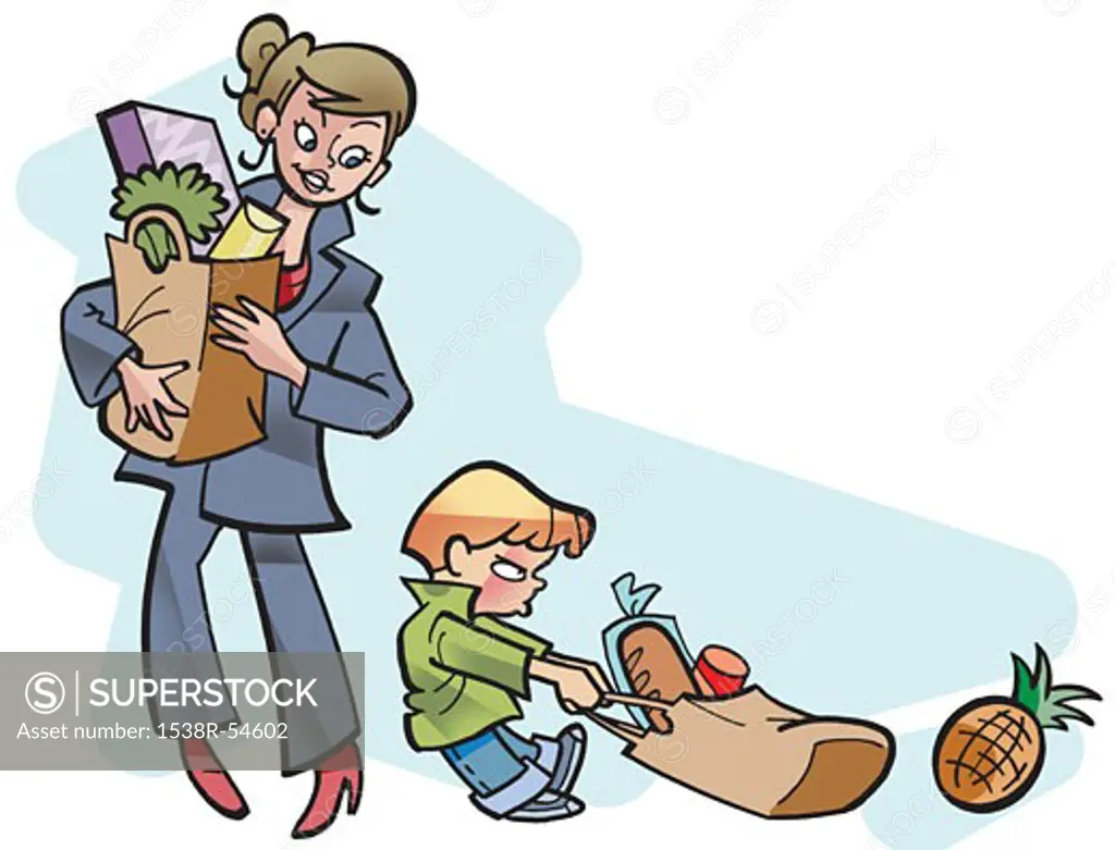 A woman and her son with grocery bags