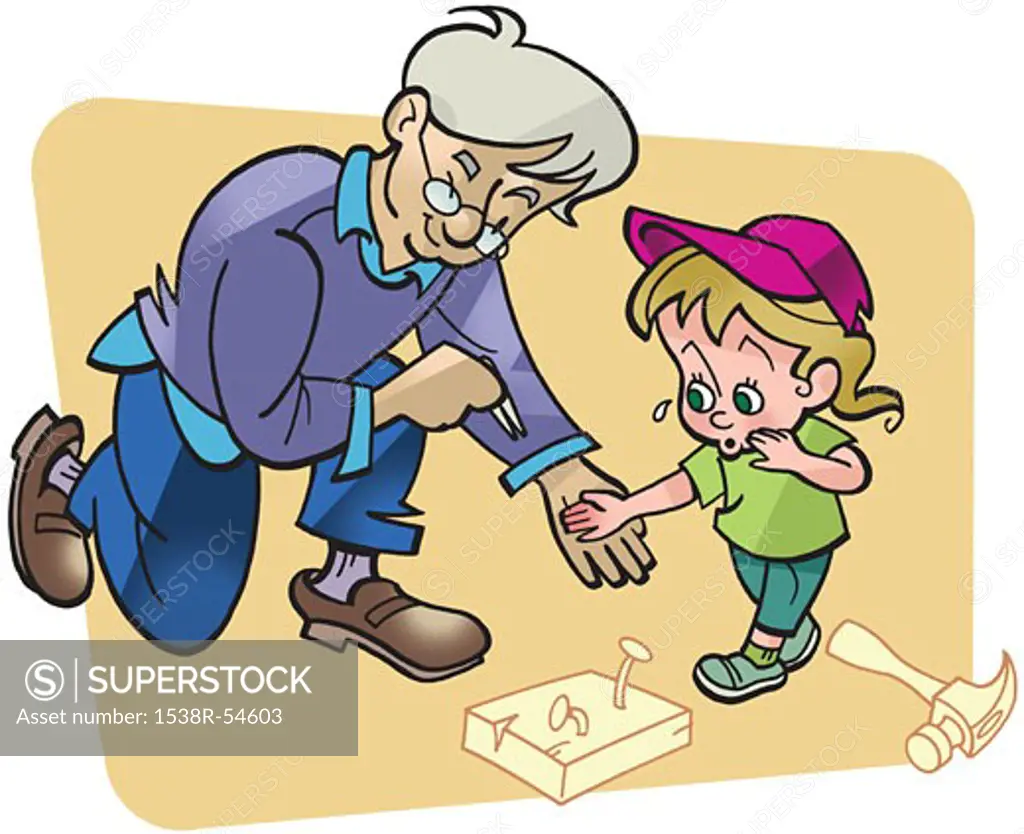 An old man helping a little girl remove a wood splinter from her hand
