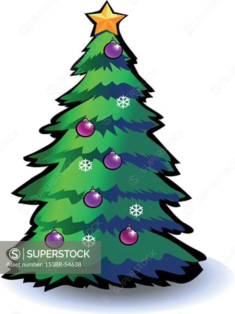 A Christmas tree with ornaments, snowflakes and a star