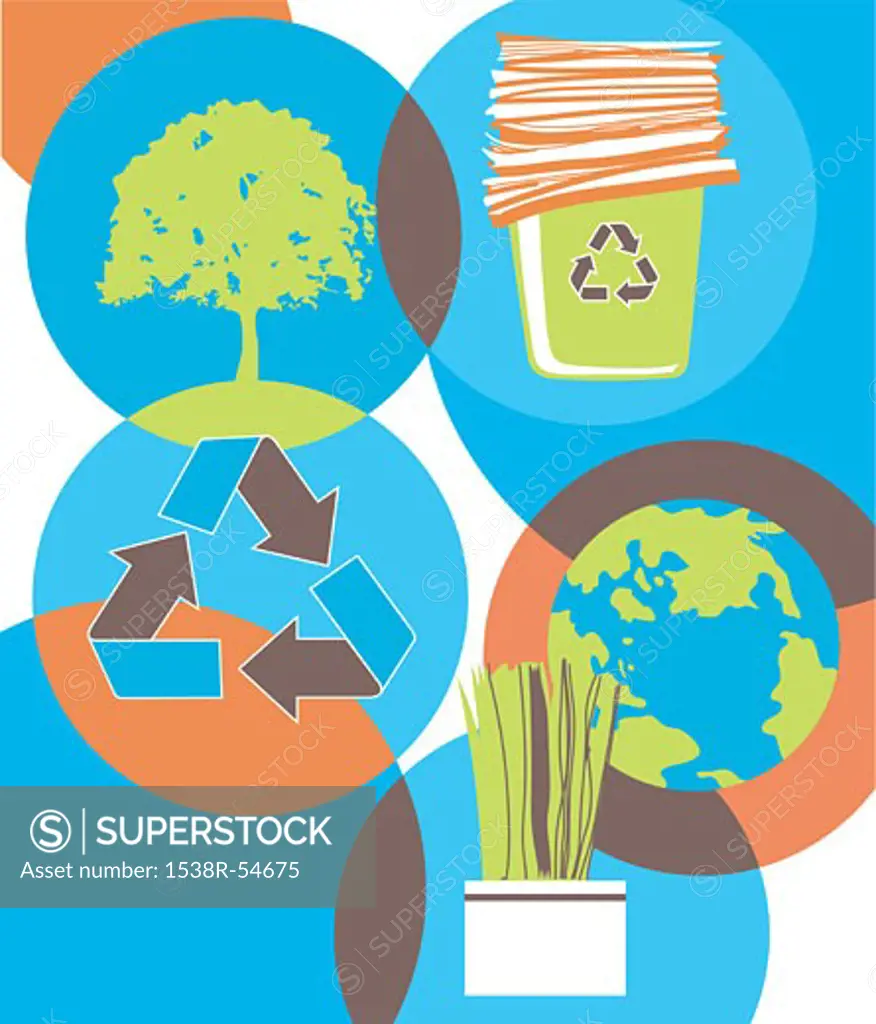 A collage about recycling showing a tree, recycled paper, the earth, a plant and the recycling symbol