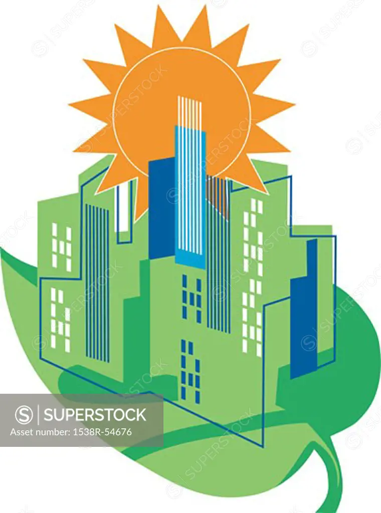 City buildings on green leaf, with a bright sun behind it