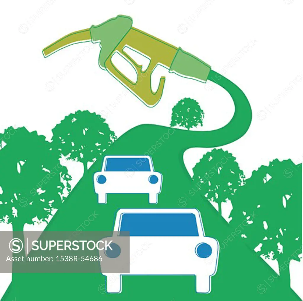 Cars driving on a green road attached to a gas pump