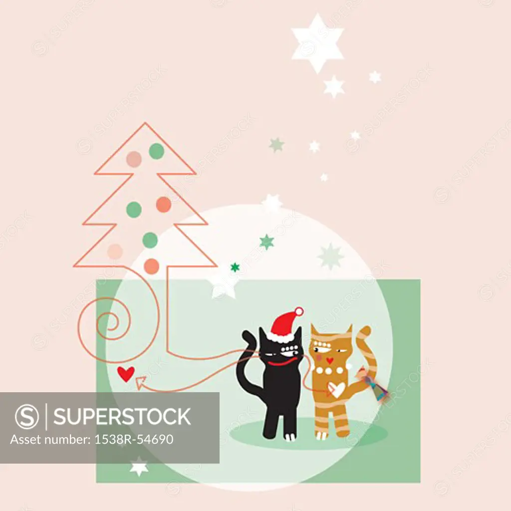 Two cats next to a Christmas tree and stars on a pink background