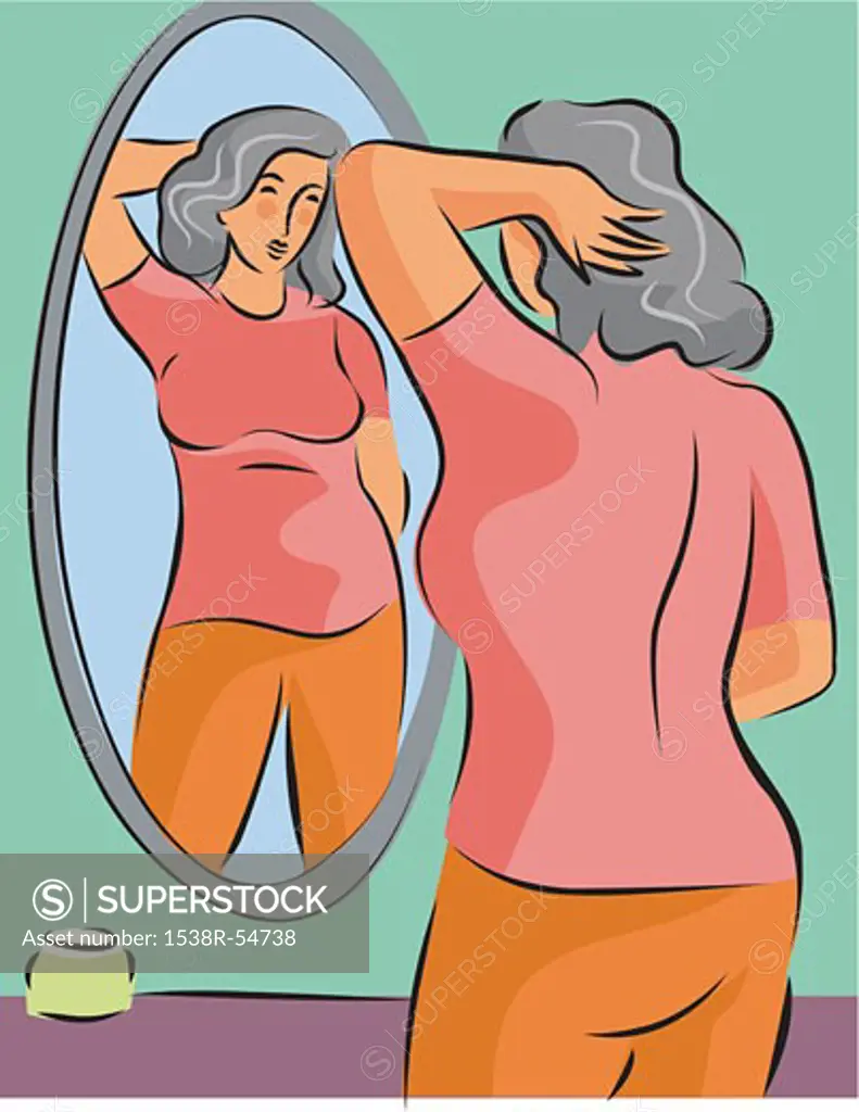 Illustration of a pudgy woman looking at herself in the mirror