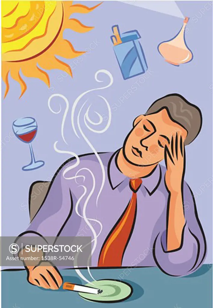 Illustration about migraine triggers showing a man with headache, a bright sun, cigarette smoke, red wine and perfume