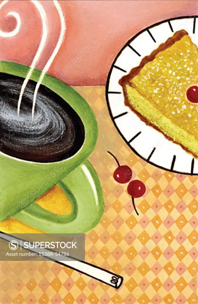 Closeup of a cup of coffee, a piece of pie and cherries