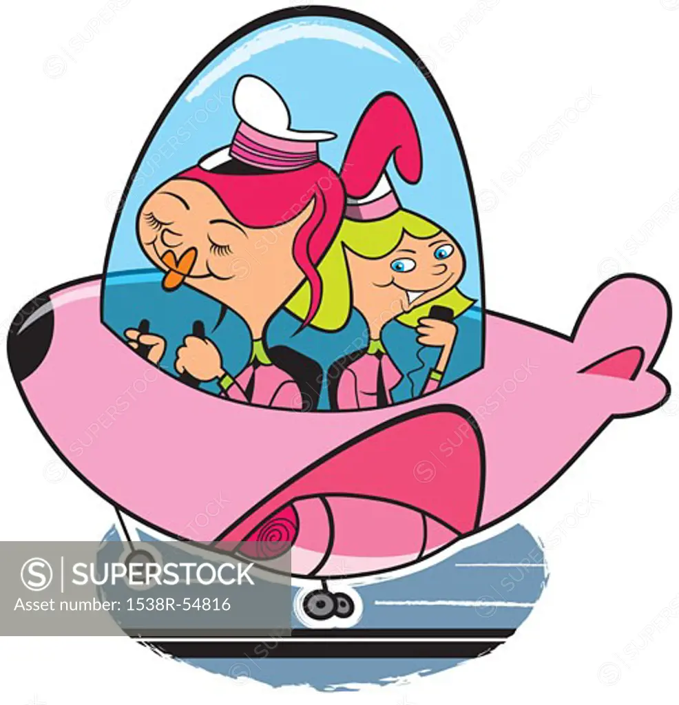 Two women in a small pink airplane