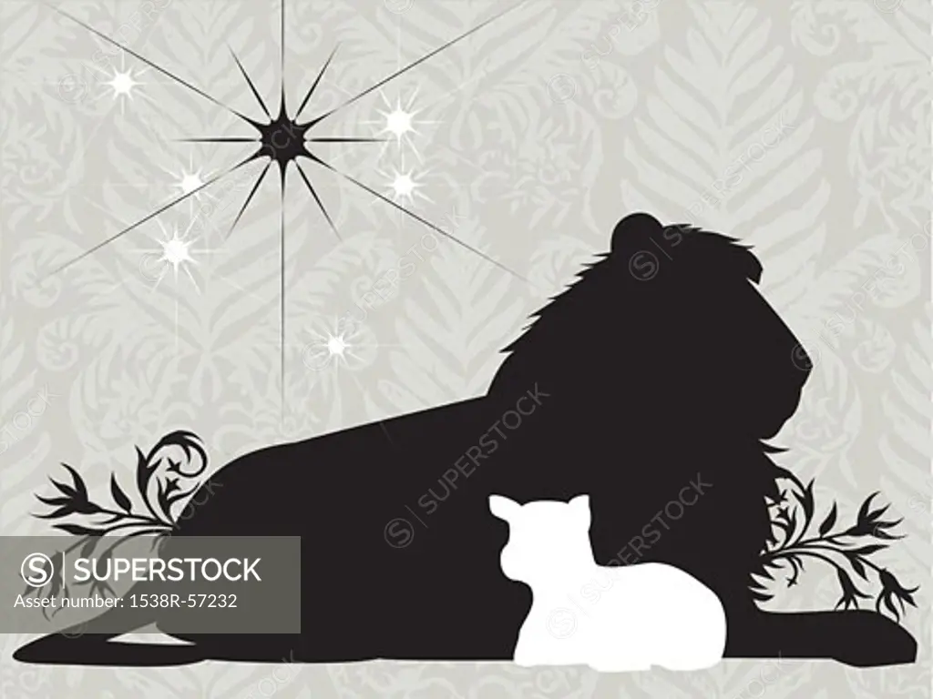 Silhouettes of a lion and lamb with a bright star in the sky