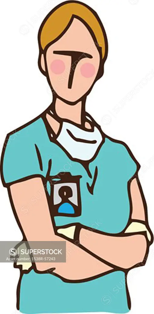 A medical assistant with surgical gloves, mask and ID badge