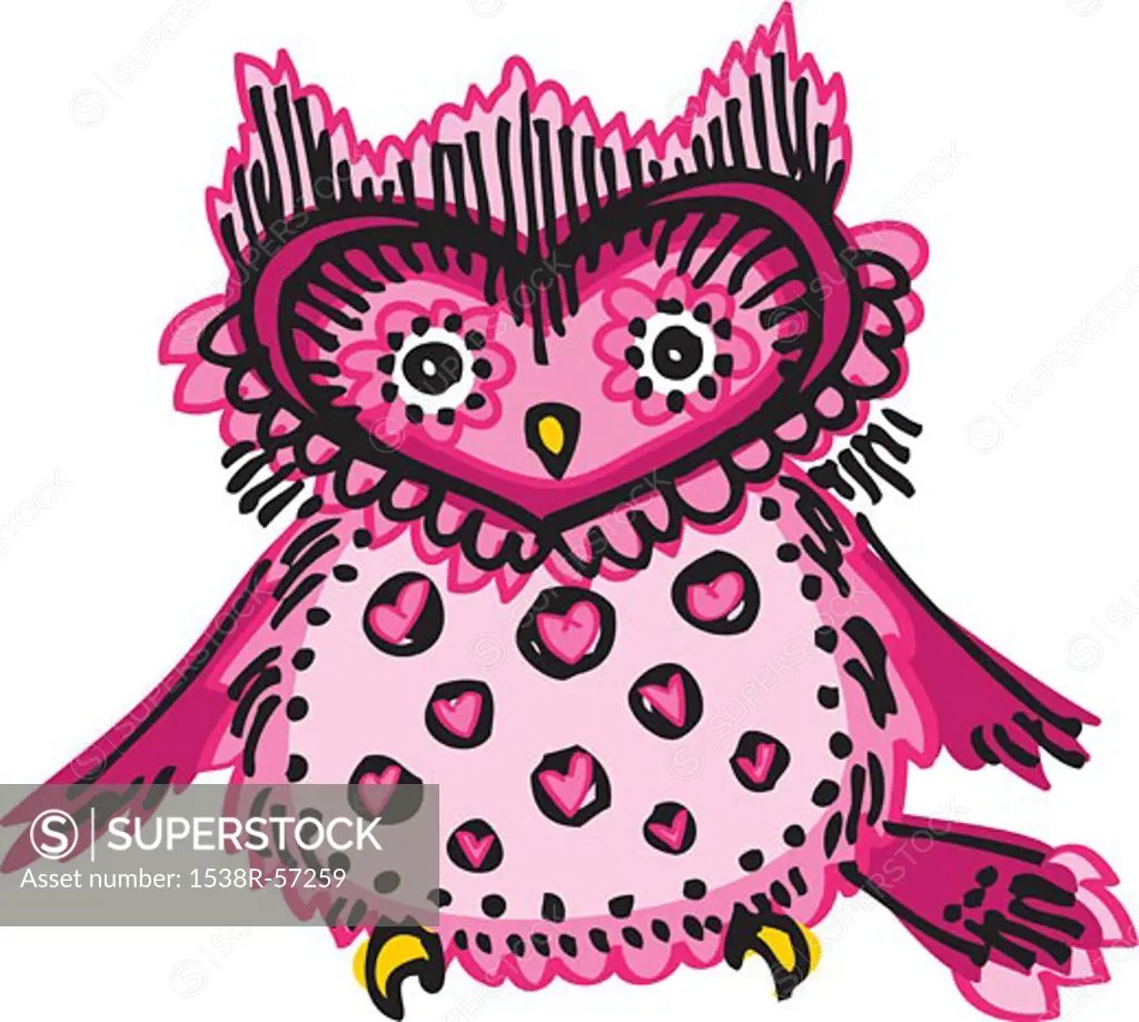 A pink owl with hearts and spots on its chest