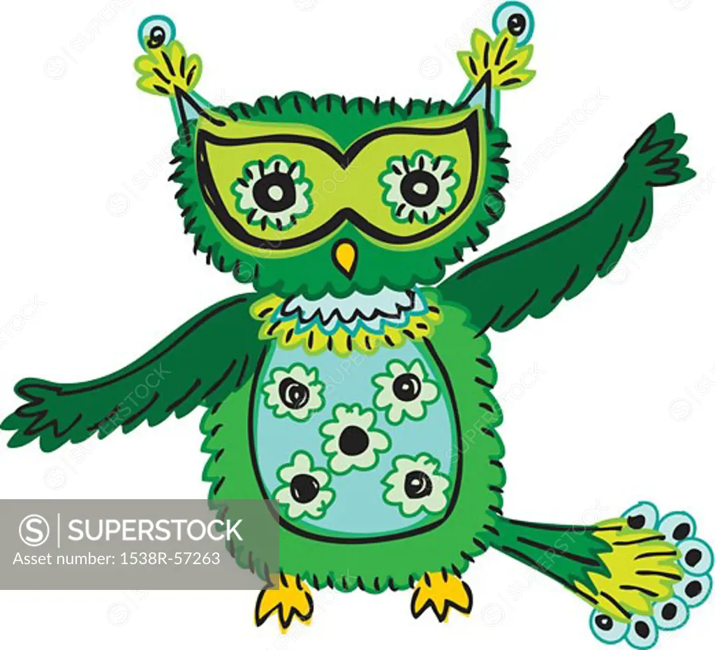 A green owl with spots and open wings