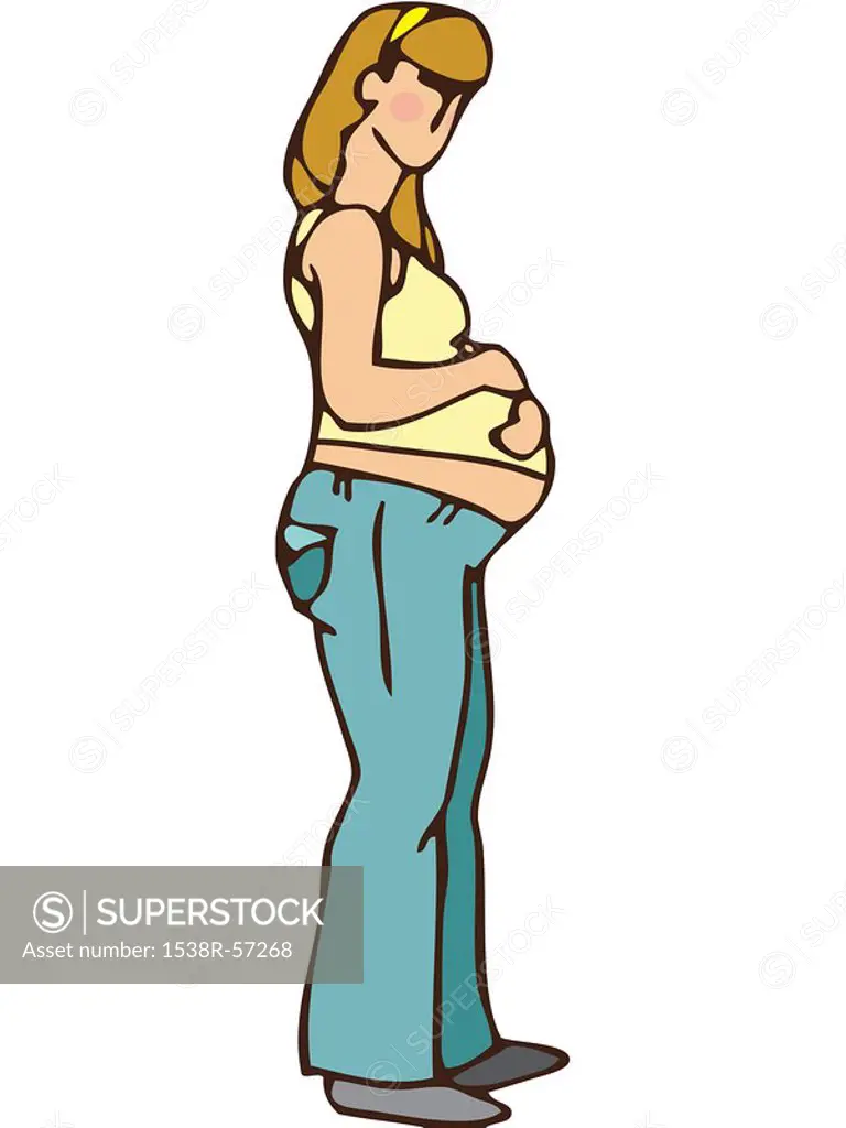 Side view of a young pregnant woman with both hands on her belly