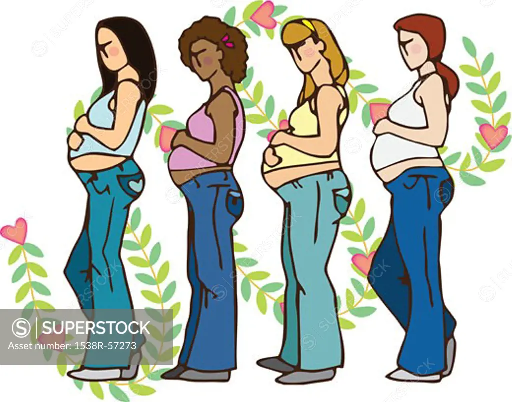 Side view of four pregnant woman holding their bellies, with leaves and hearts in the background