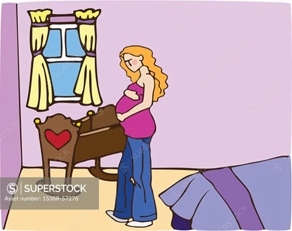 A young pregnant woman standing in her bedroom with a crib in the corner