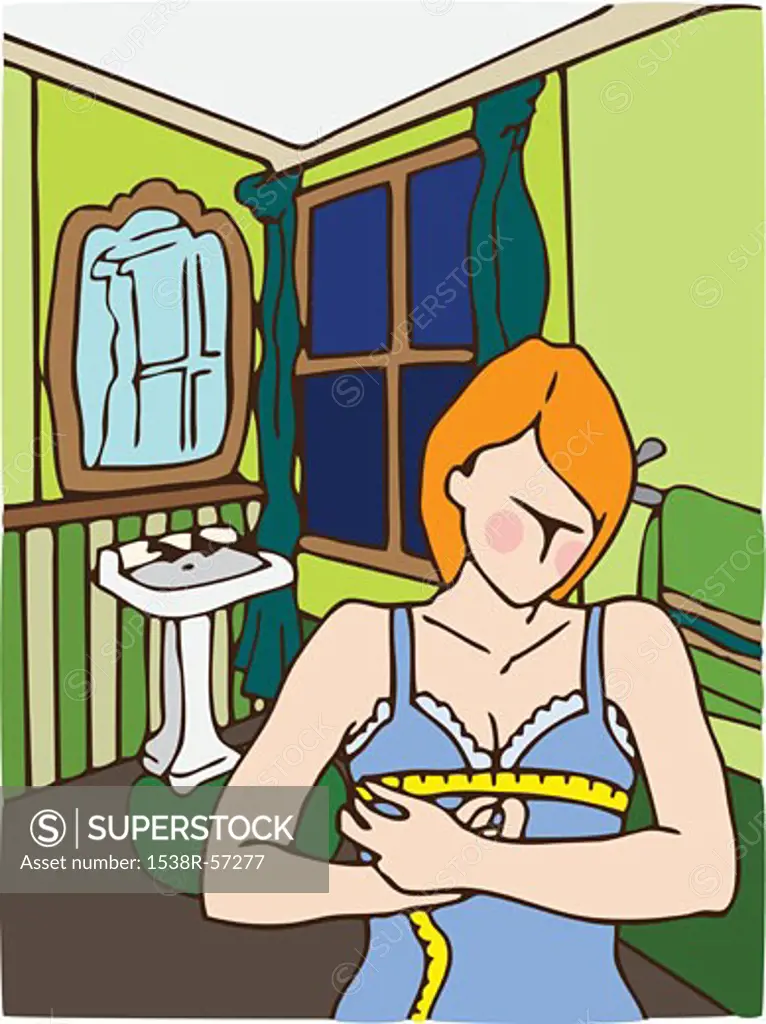 A woman using measuring tape to measure her chest size in the bathroom