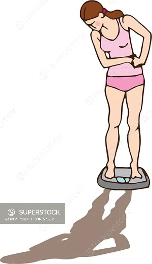 Front view of a young woman weighing herself and casting a distorted shadow