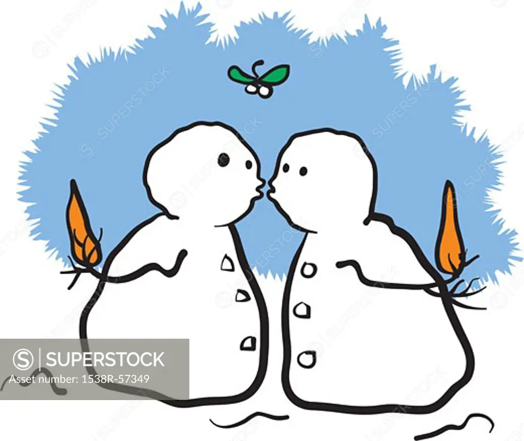 Two snowmen kissing under mistletoe and holding their noses behind their backs