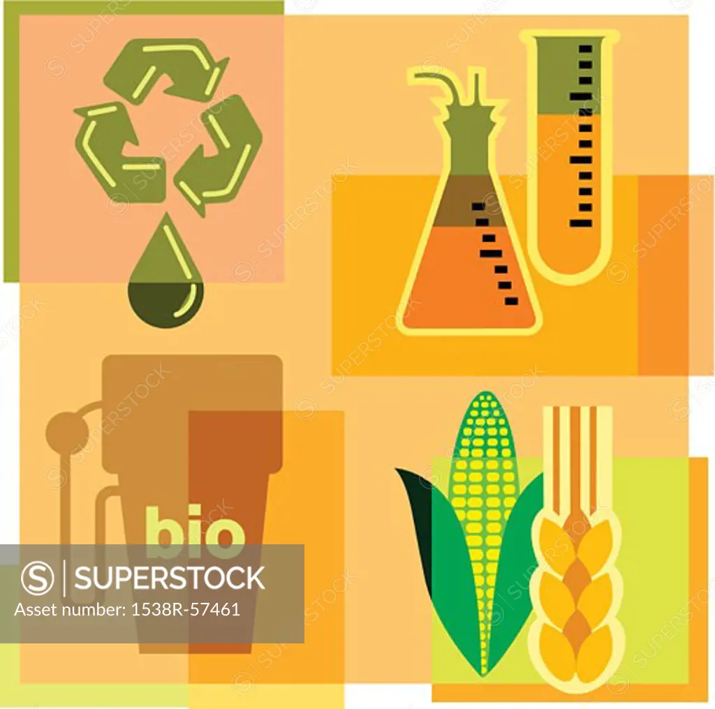 Montage illustration about biofuels containing beakers, corn, wheat, gas pump and recycling symbol