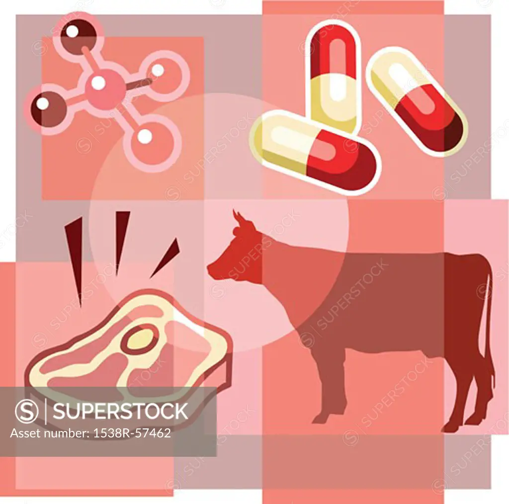 Montage illustration about antibiotics in meat containing pills, molecules, a cow and a steak