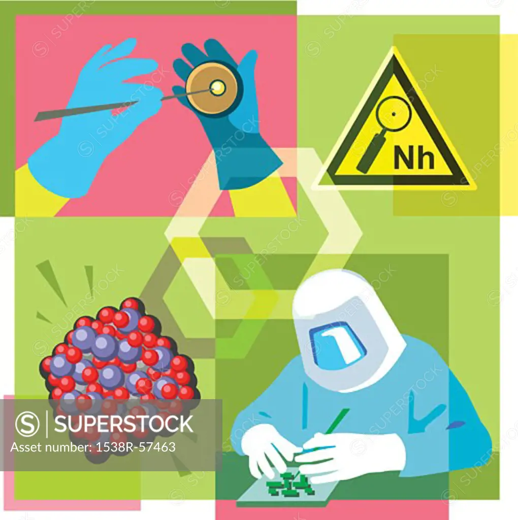 Montage illustration about nanotechnology containing a nanohazard symbol, molecules and a researcher