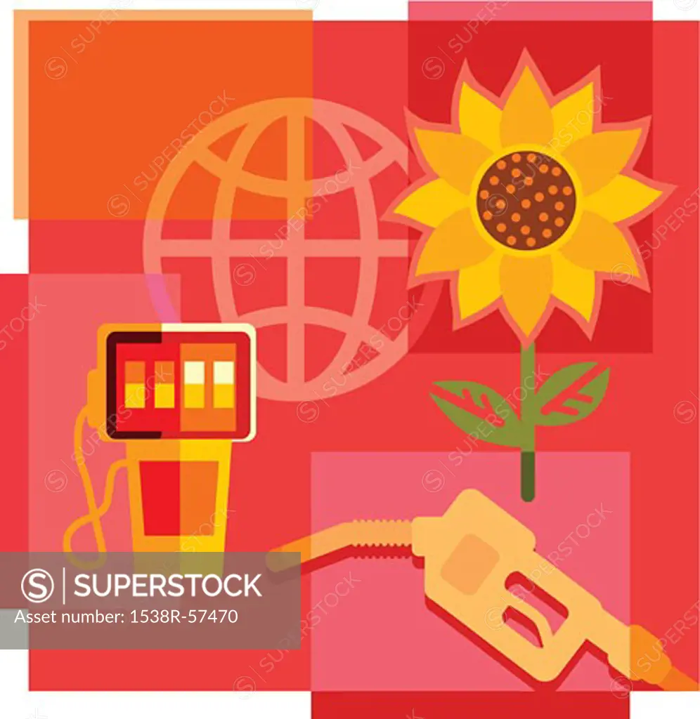 Montage illustration about biofuel containing sunflower, gas pump and globe