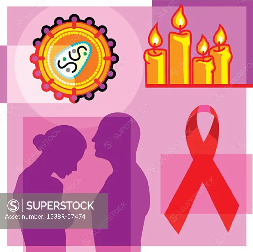 Montage illustration about the AIDS pandemic containing a couple, AIDS virus, AIDS ribbon, and candle vigil
