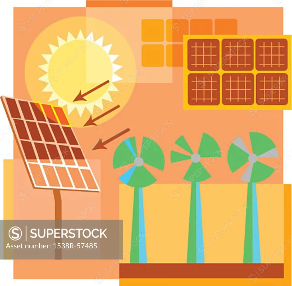 Montage illustration about sustainable power containing solar and wind energy