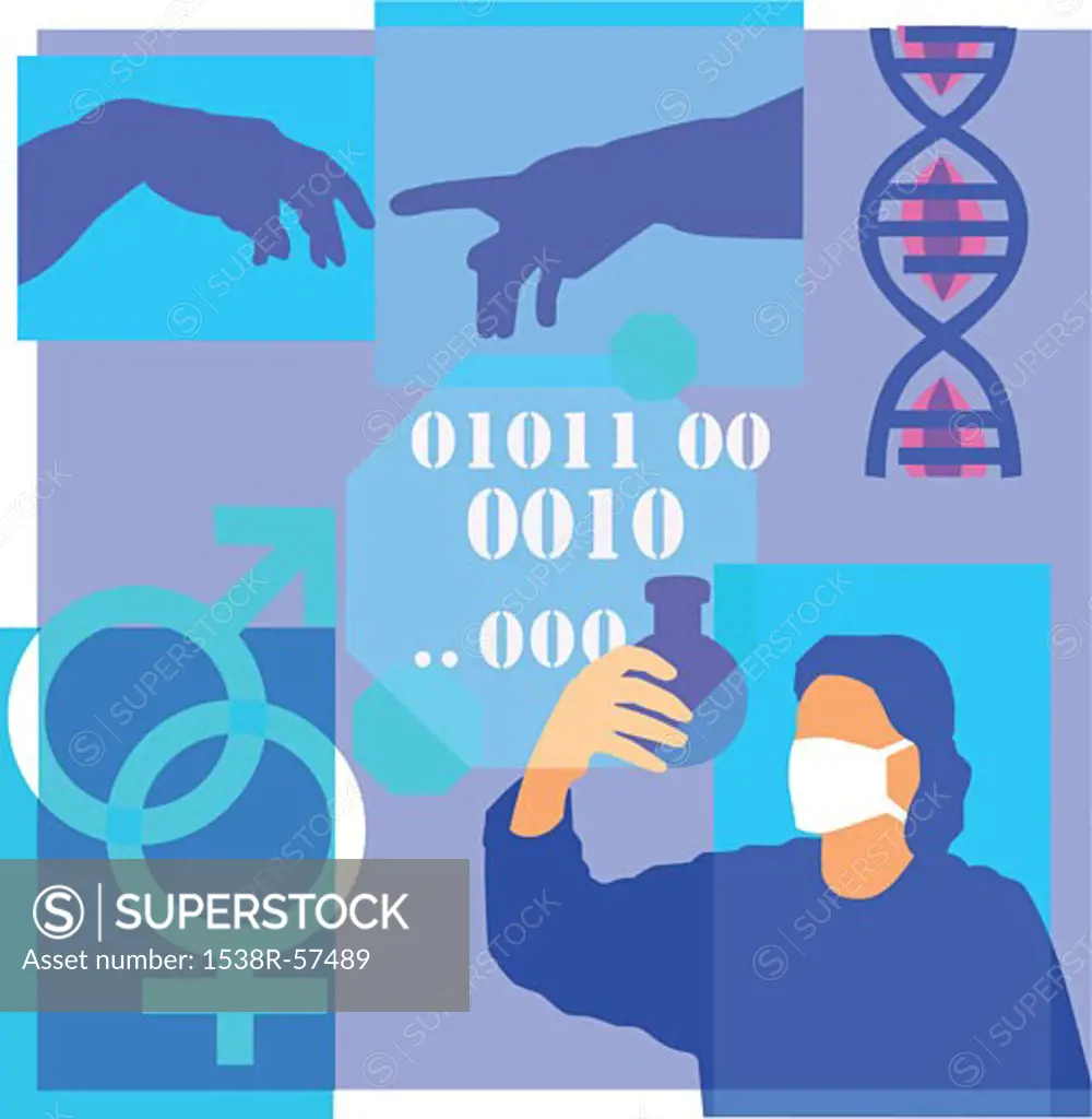 Montage illustration about genetic research containing DNA, chromosomes, genetic testing, male and female symbols and code