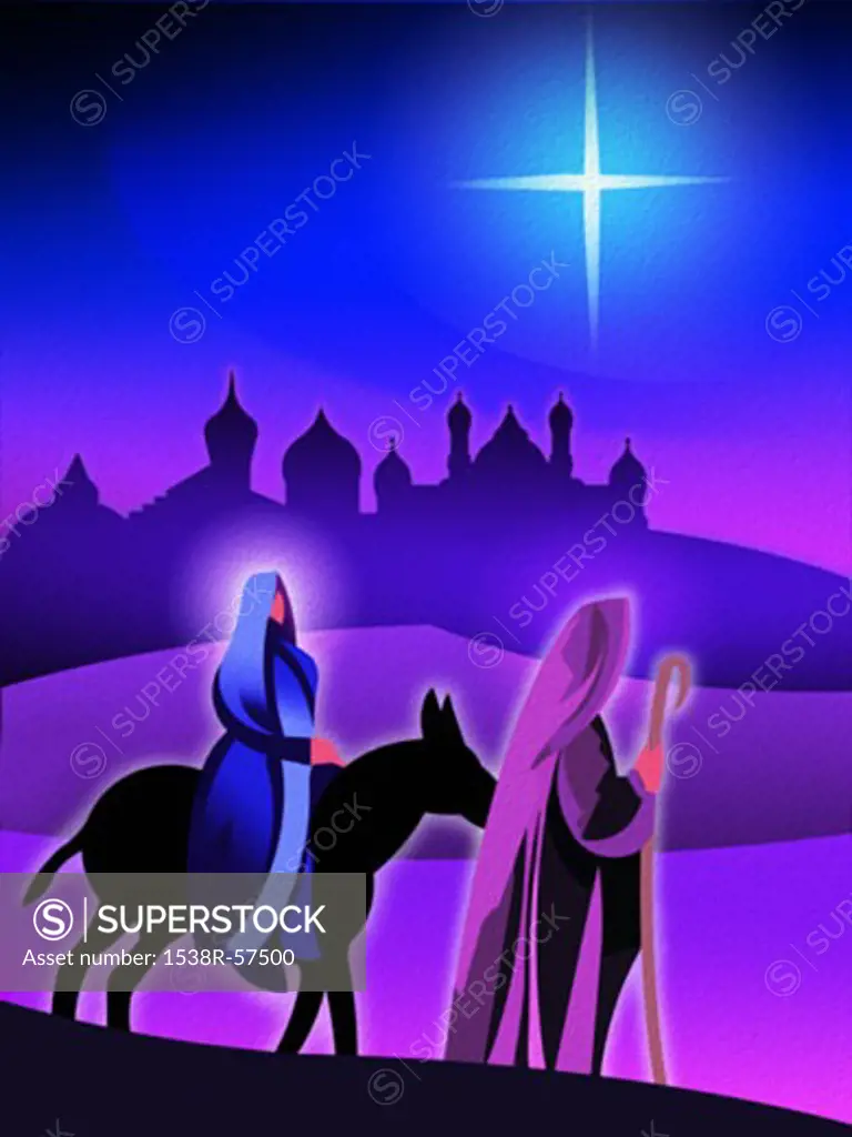 Joseph and Mary traveling by donkey with the Star of Bethlehem and Jerusalem in the background