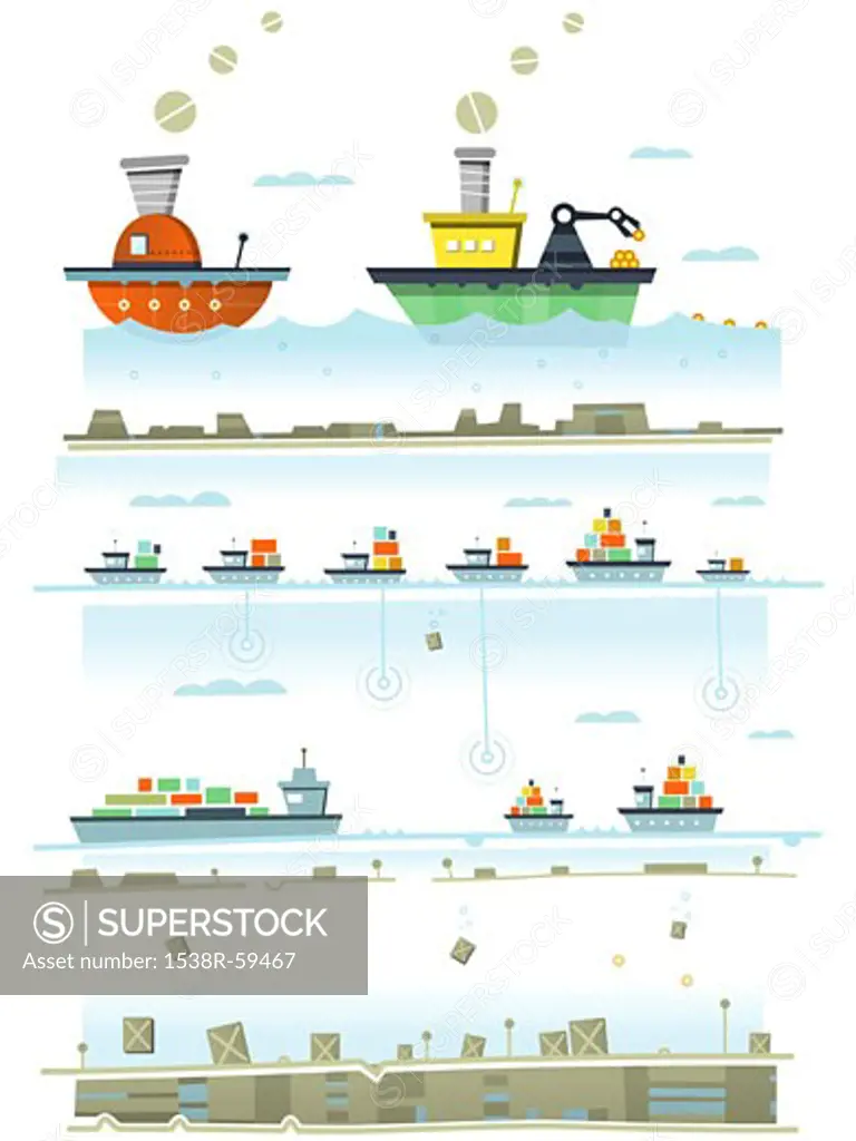 An illustrations about import and export by cargo ships