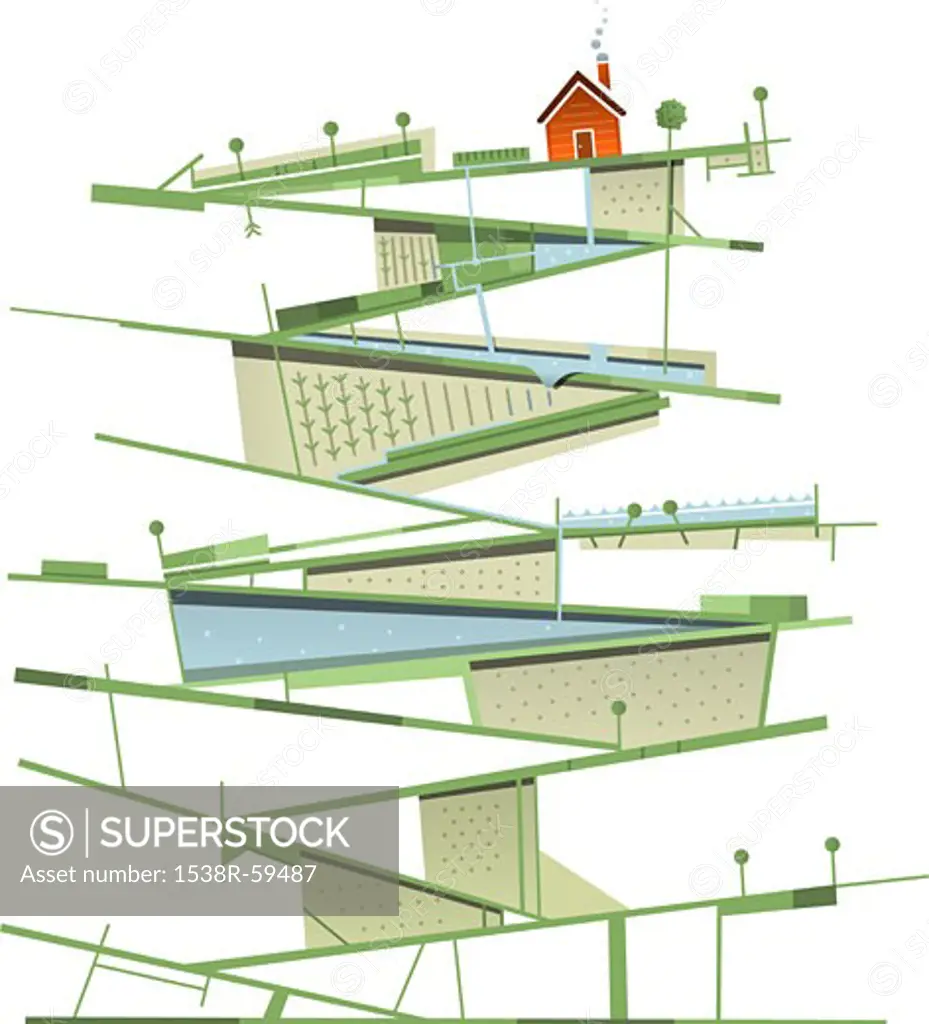 A small house on the top of a teetering structure of agricultural land