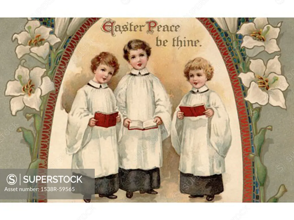 A vintage Easter postcard of three choir boys