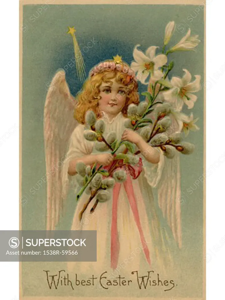 A vintage Easter postcard of an angel holding lilies