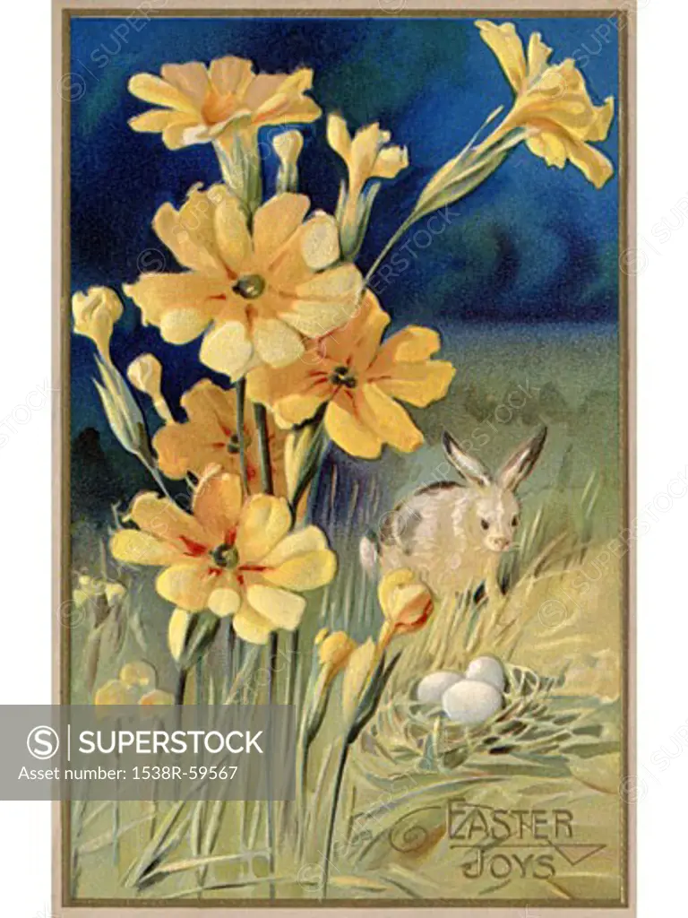 A vintage Easter postcard of spring flowers, a rabbit and eggs