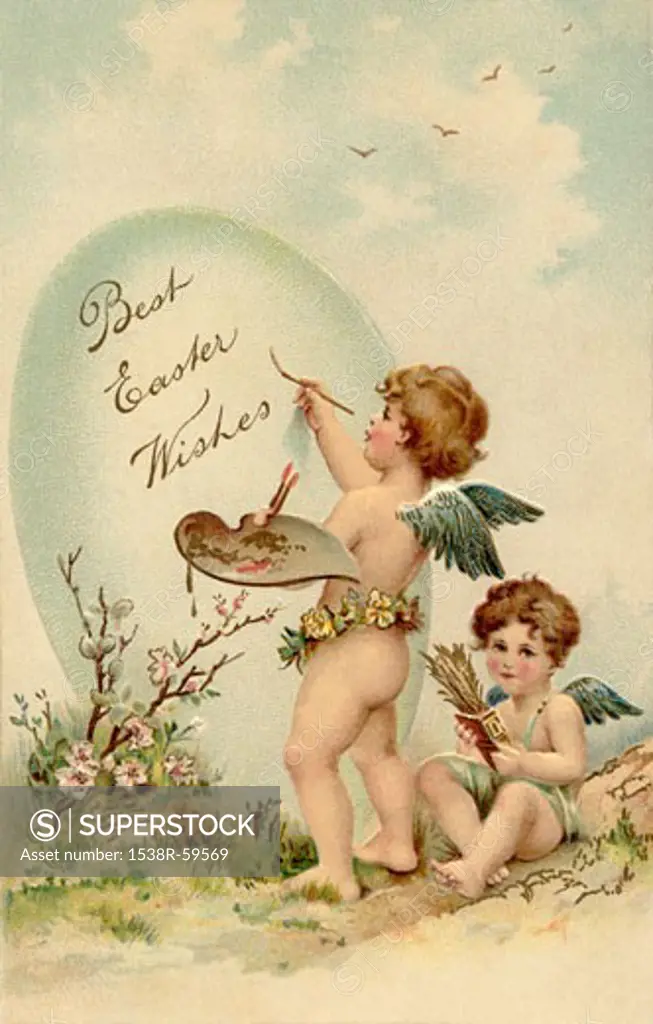A vintage Easter postcard of two cherubs painting an Easter egg