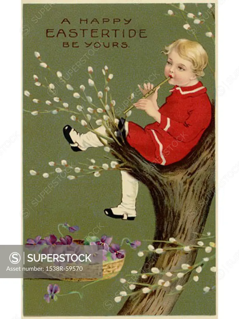 A vintage Easter postcard of a basket of violets and a boy playing a flute in a pussy willow tree